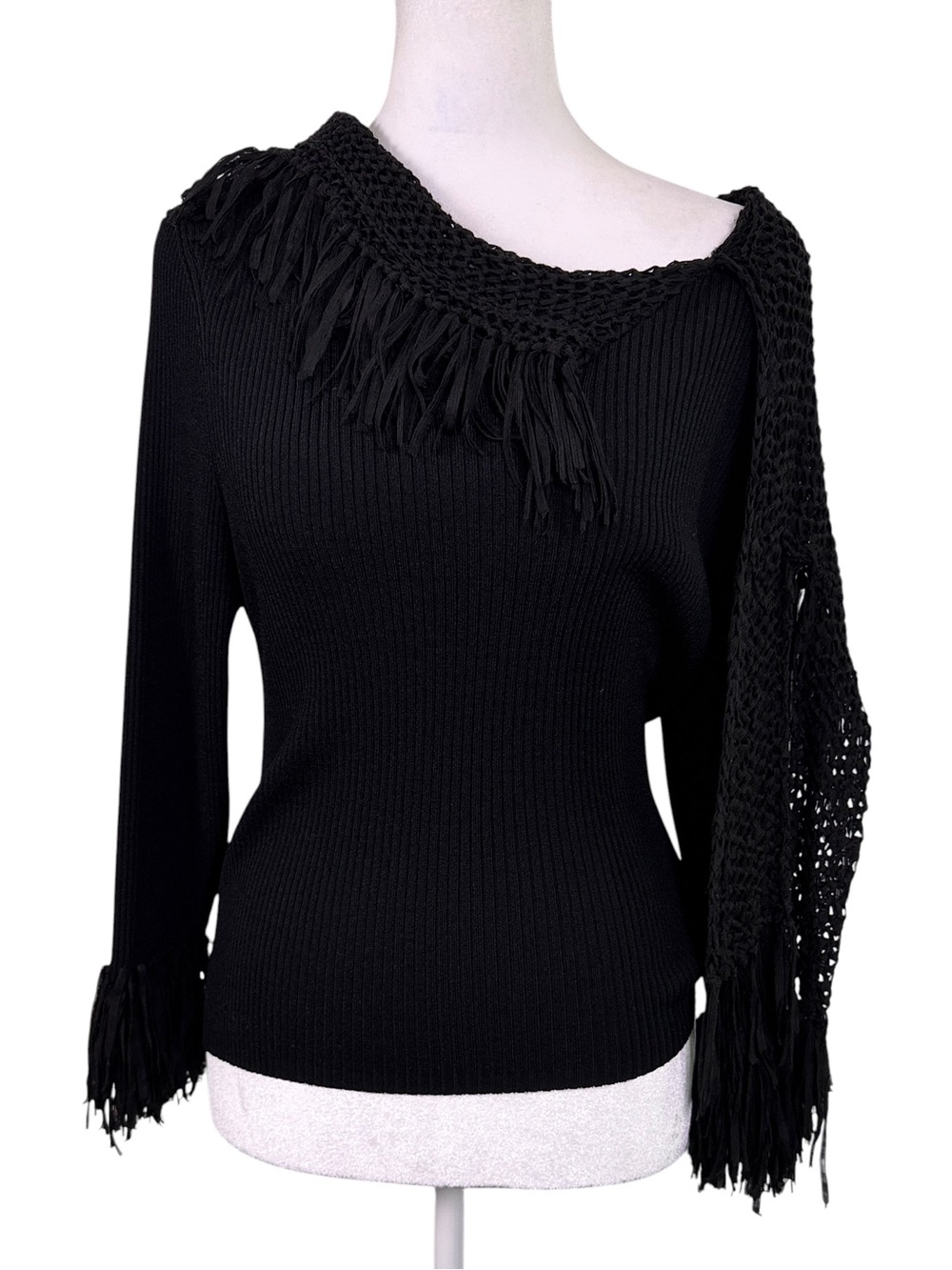 Pow Wow Black Fringe Crochet Sweater L Boho Western Festival Statement Top - Picture 2 of 14